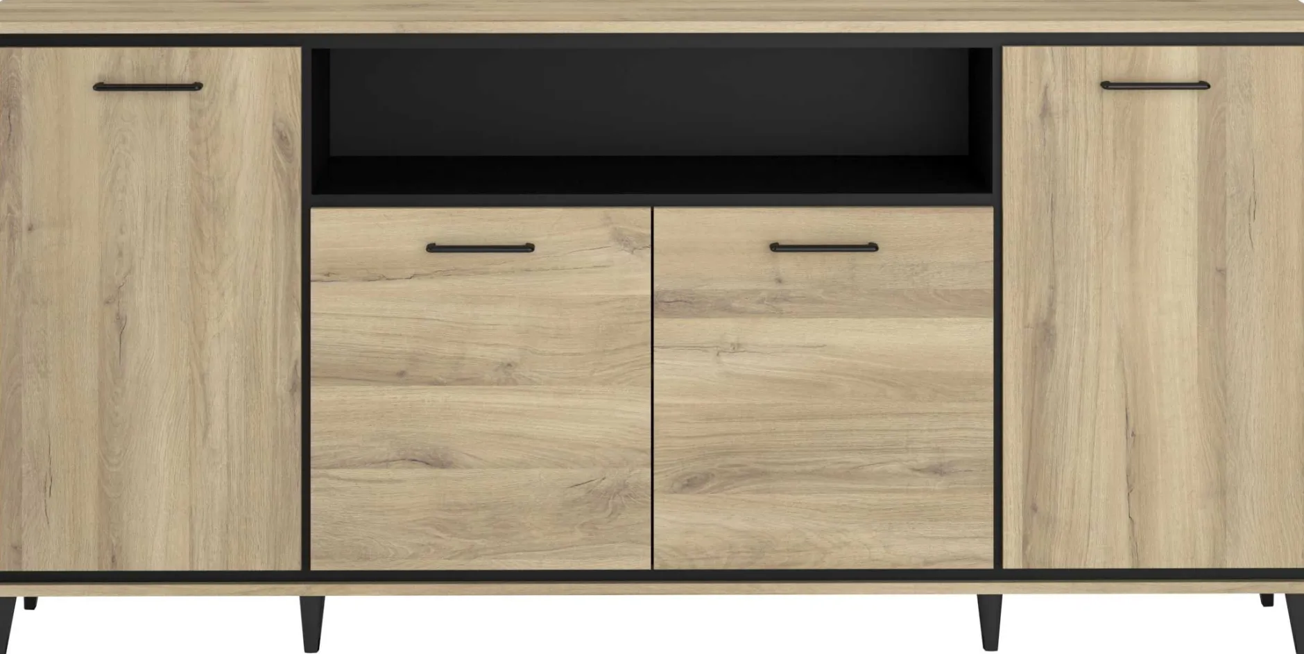 Sideboard Oskar - 180x40x86cm - 4 Türen - mit Beleuchtung - Eiche Dekor/schwarz