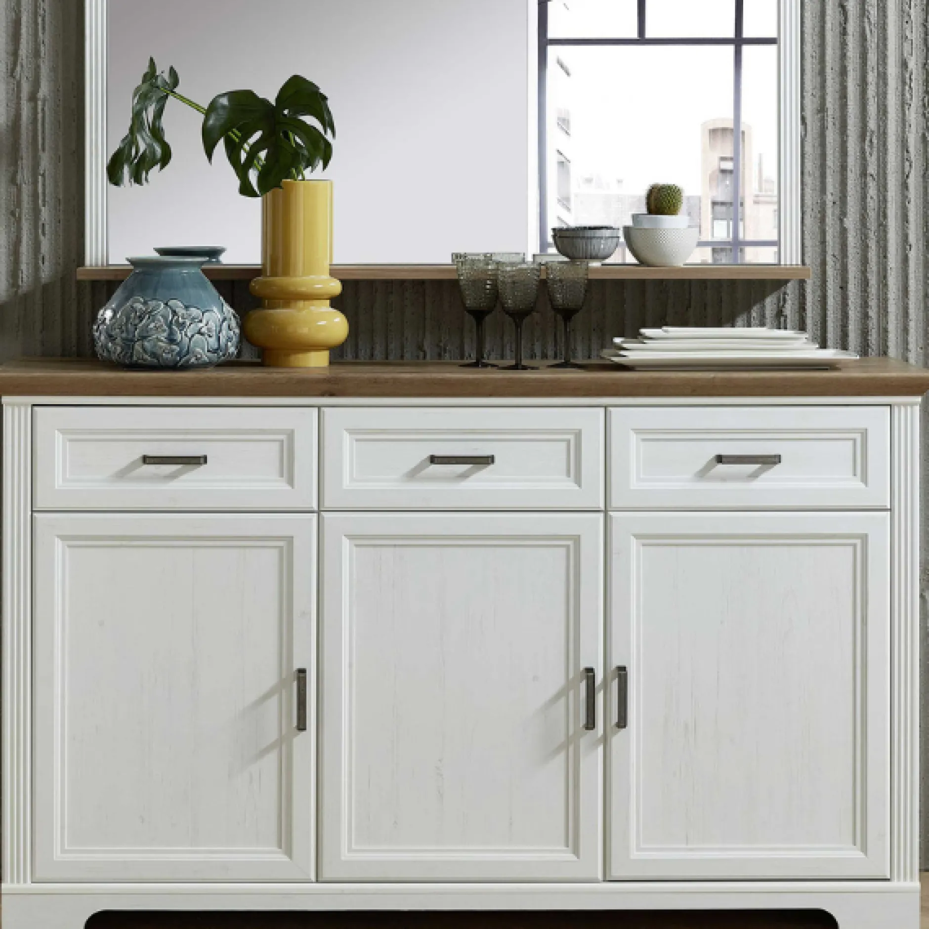 Sideboard Samine 3 Schubladen 3 Türen - weiß/Eiche