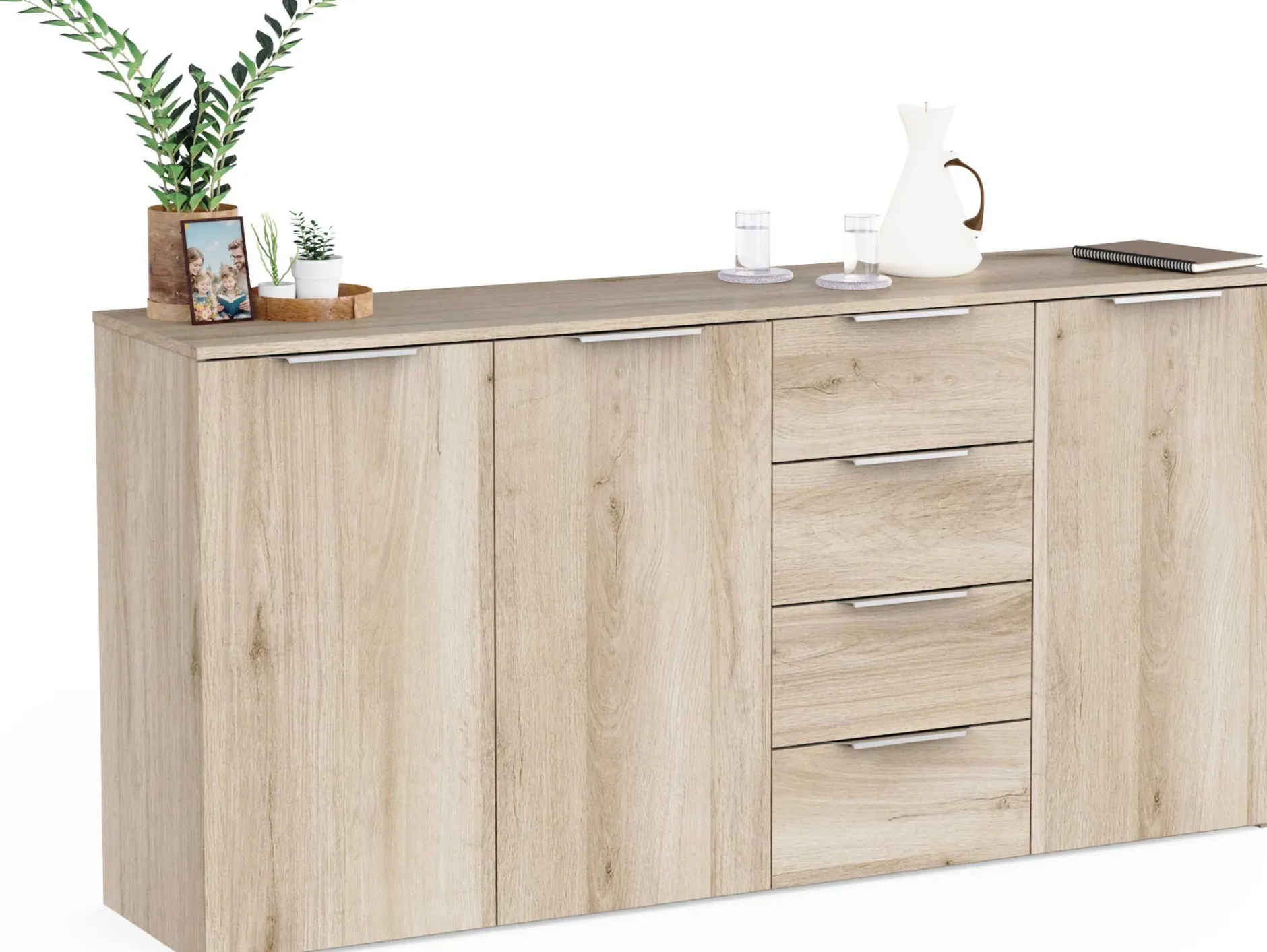 Sideboard Spectre - 159x37x78cm - 3 Türen und 4 Schubladen - Eichendekor