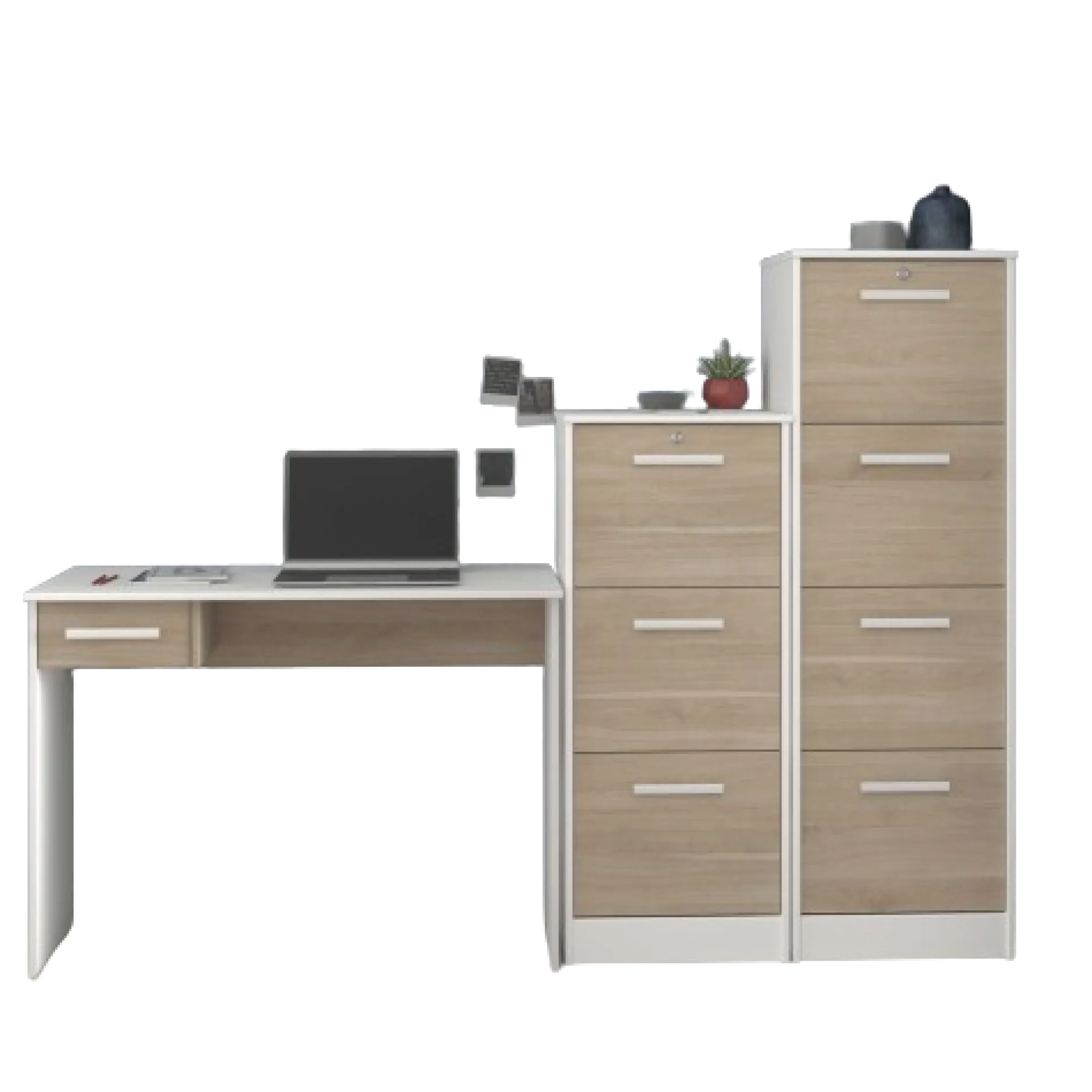 SilBüro-Set : Schreibtisch und zwei Aktenschränke - Eiche Dekor/Weiß