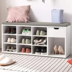 Sitzbank mit Stauraum Woodrow | 104 x 30 x 48 cm | Weißes Design