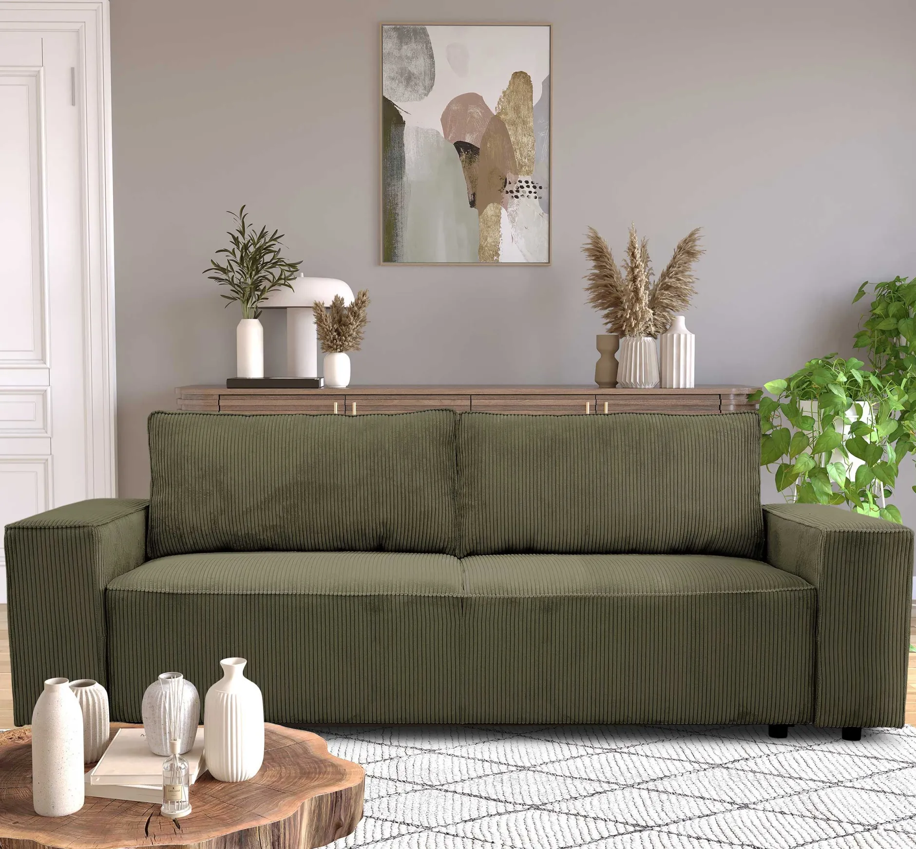 3-Sitzer Sofa Josh - 239x86x85cm - mit Stauraum - khaki Rippensamt