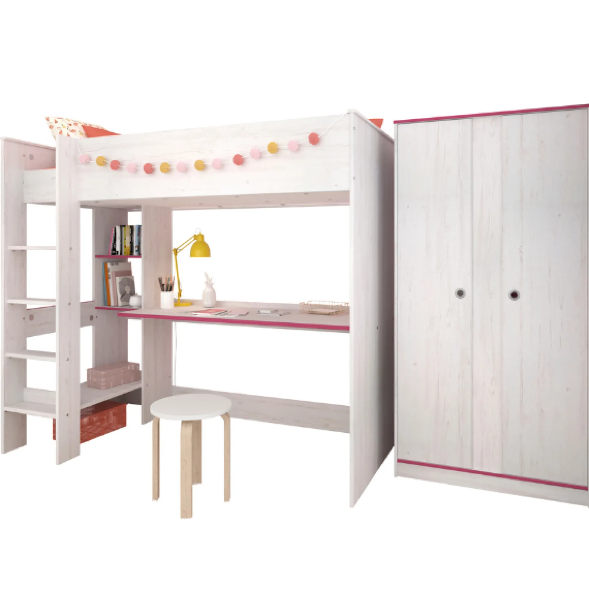 Smoozy Kinderzimmer-Set | Hochbett und Kleiderschrank | Weiß
