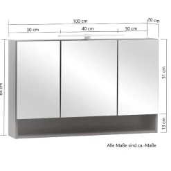 Spiegelschrank Karan 100cm 3 Türen mit Beleuchtung - Eiche