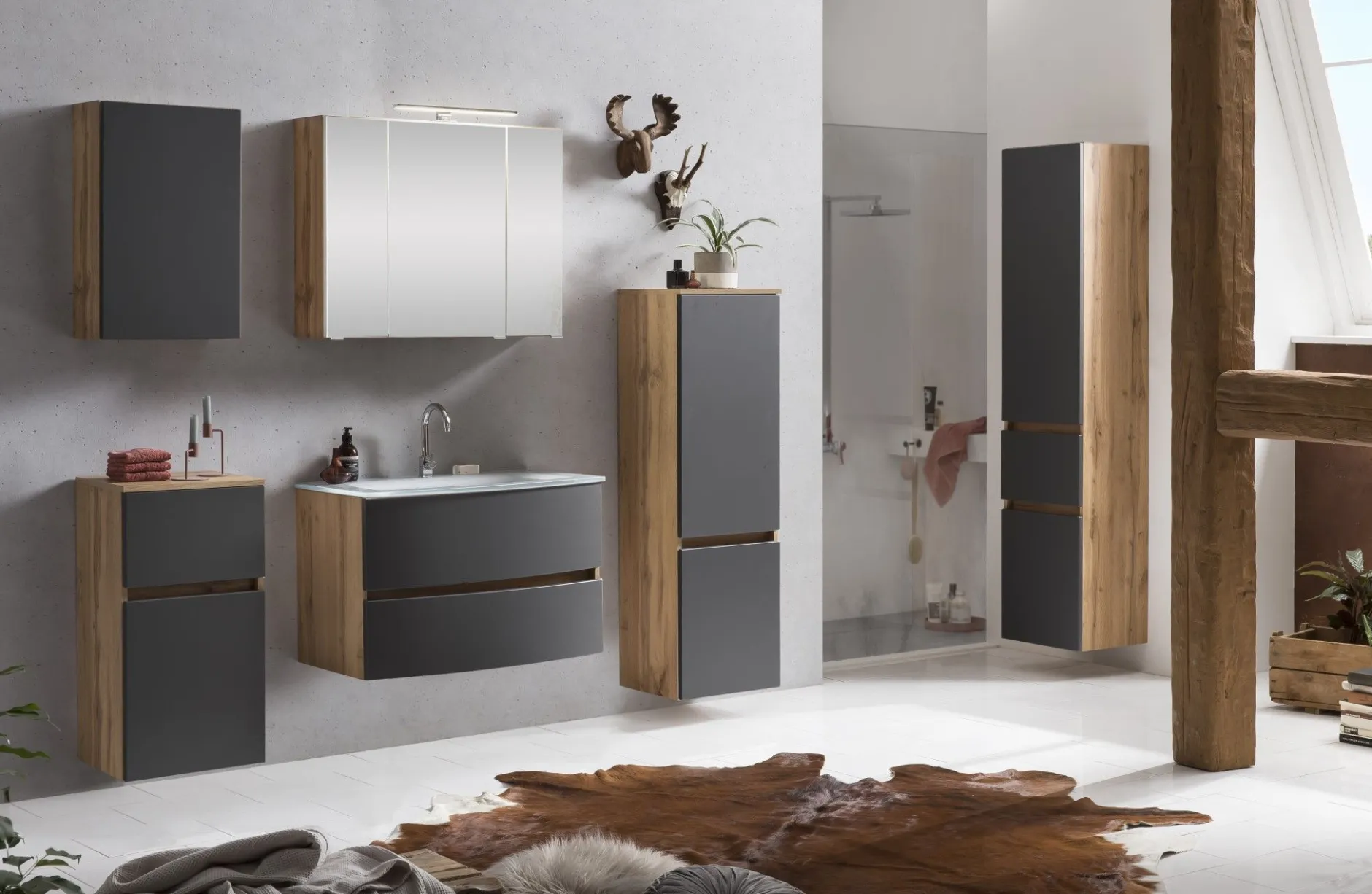 Spiegelschrank Kornel/Luna 80cm 3 Türen und LED-Beleuchtung - Eiche