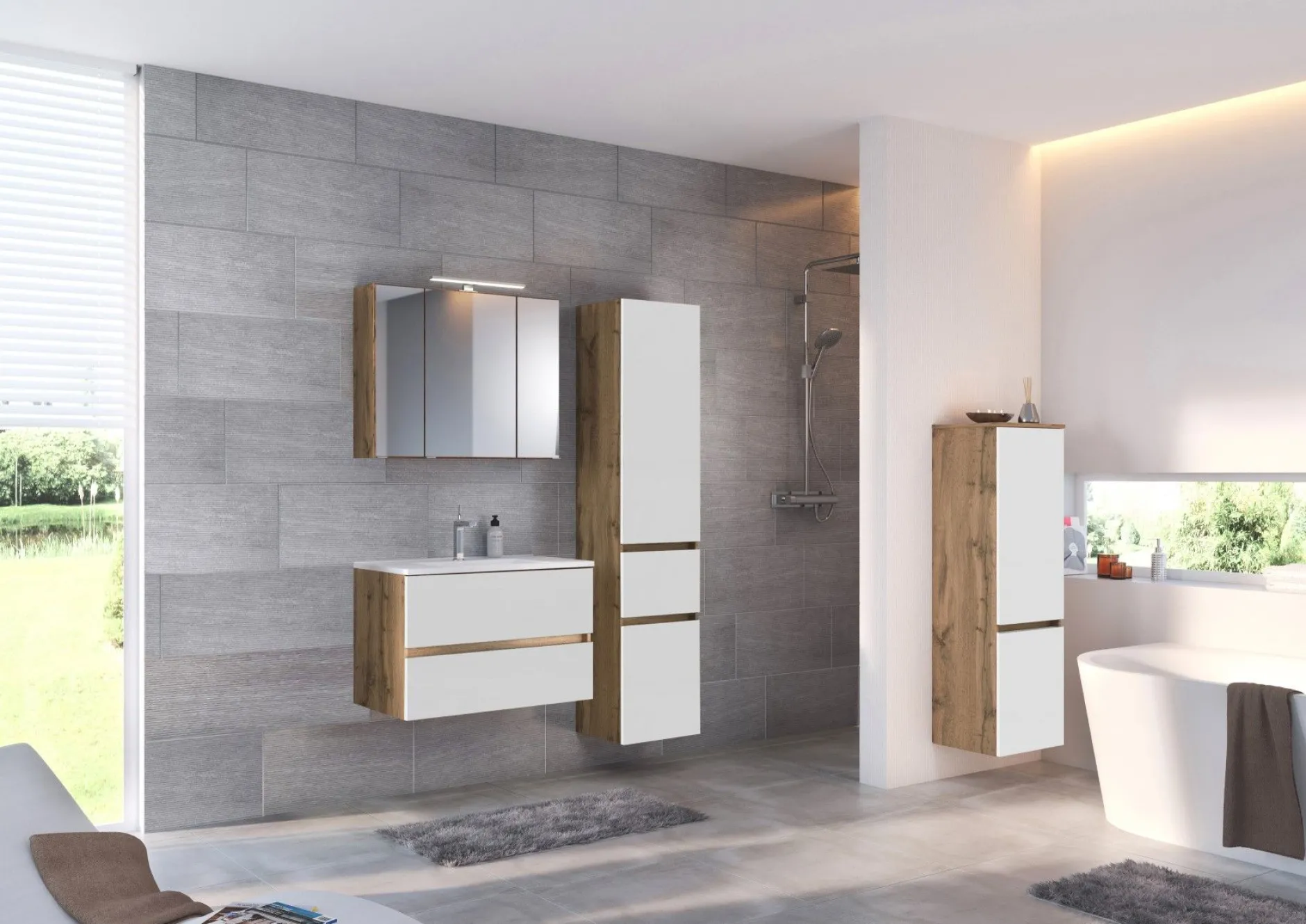 Spiegelschrank Luna 60cm mit 3 Türen und LED-Licht - Eiche