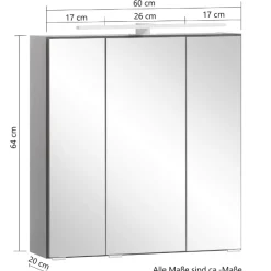 Spiegelschrank Vikas 60cm 3 Türen mit Beleuchtung - Eiche