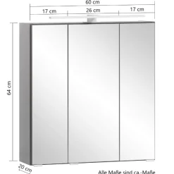 Spiegelschrank Vikas 60cm 3 Türen mit Beleuchtung - anthrazit
