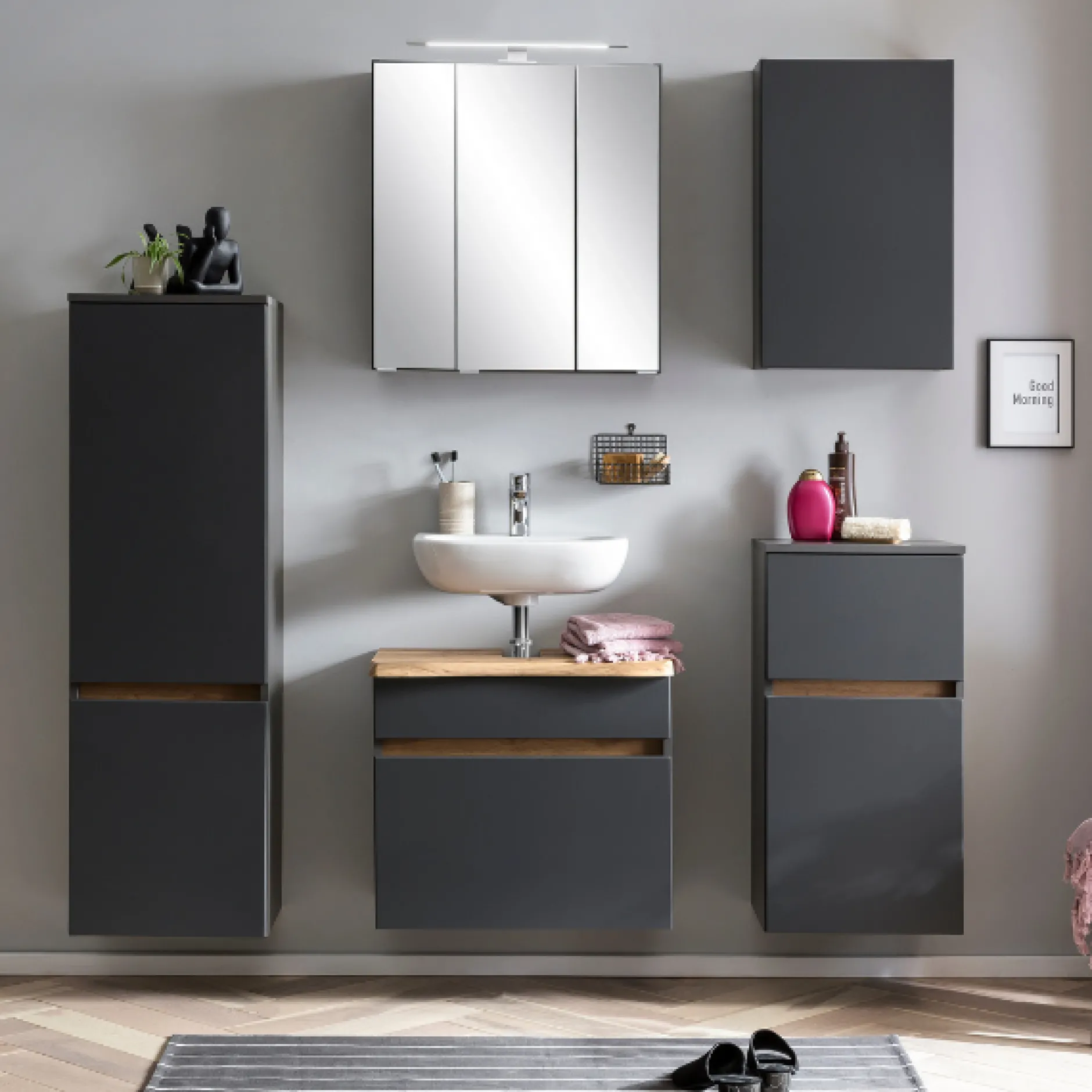 Spiegelschrank Vikas 60cm 3 Türen mit Beleuchtung - anthrazit