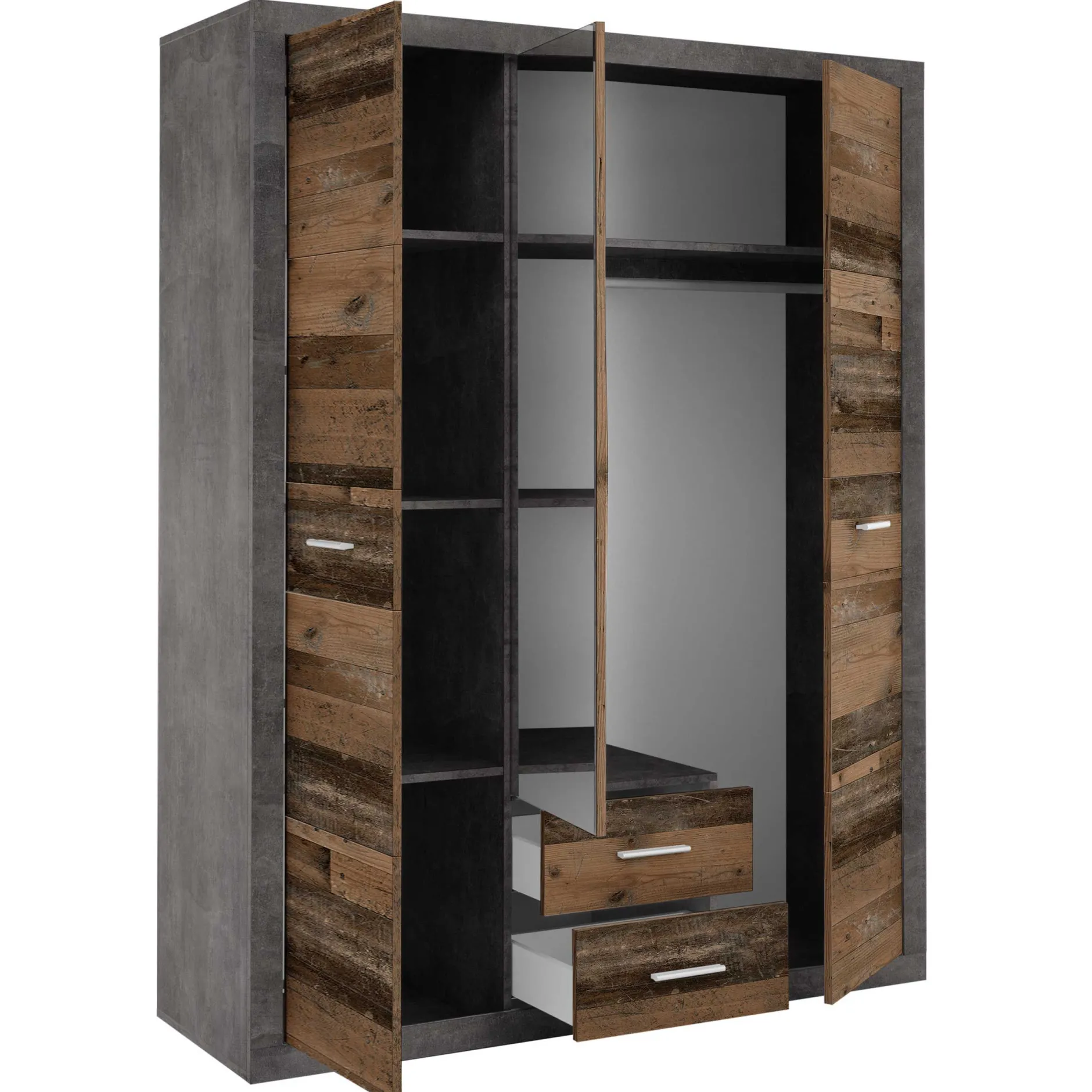 Storck 151cm Kleiderschrank mit 3 Türen und 2 Schubladen und Spiegel - alter Stil/Beton