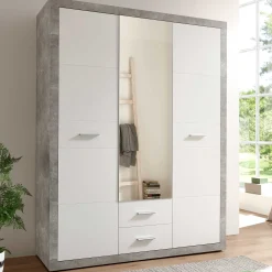 Storck Kleiderschrank 151cm mit 3 Türen und 2 Schubladen und Spiegel - Beton/Weiß