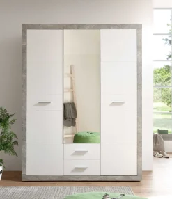 Storck Kleiderschrank 151cm mit 3 Türen und 2 Schubladen und Spiegel - Beton/Weiß
