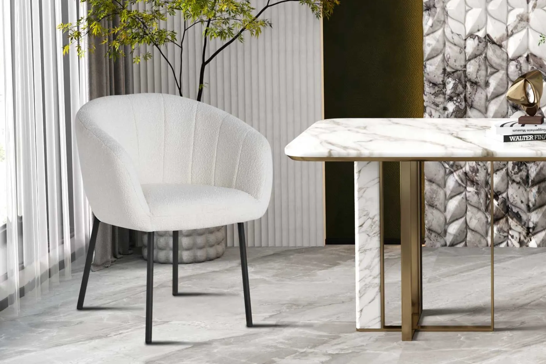 Stuhl Sevilla Bouclé-Stoff | Metallbeine | weiß