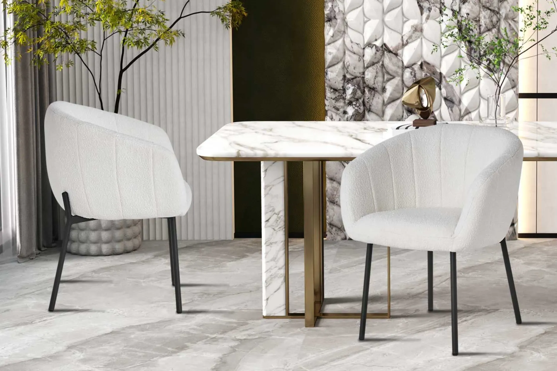 Stuhl Sevilla Bouclé-Stoff | Metallbeine | weiß
