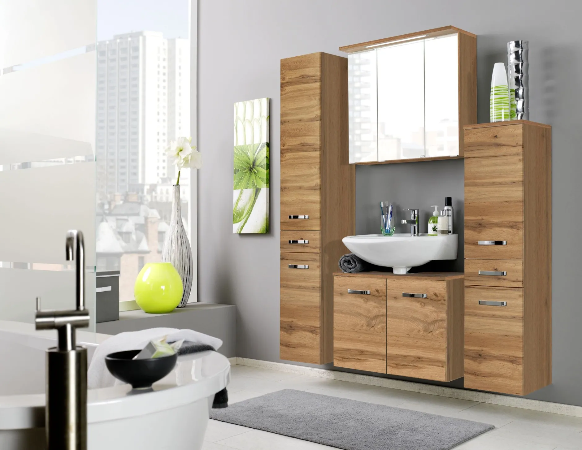 Säulenschrank Bobbi hoch 30cm 2 Türen und 1 Schublade - Eiche