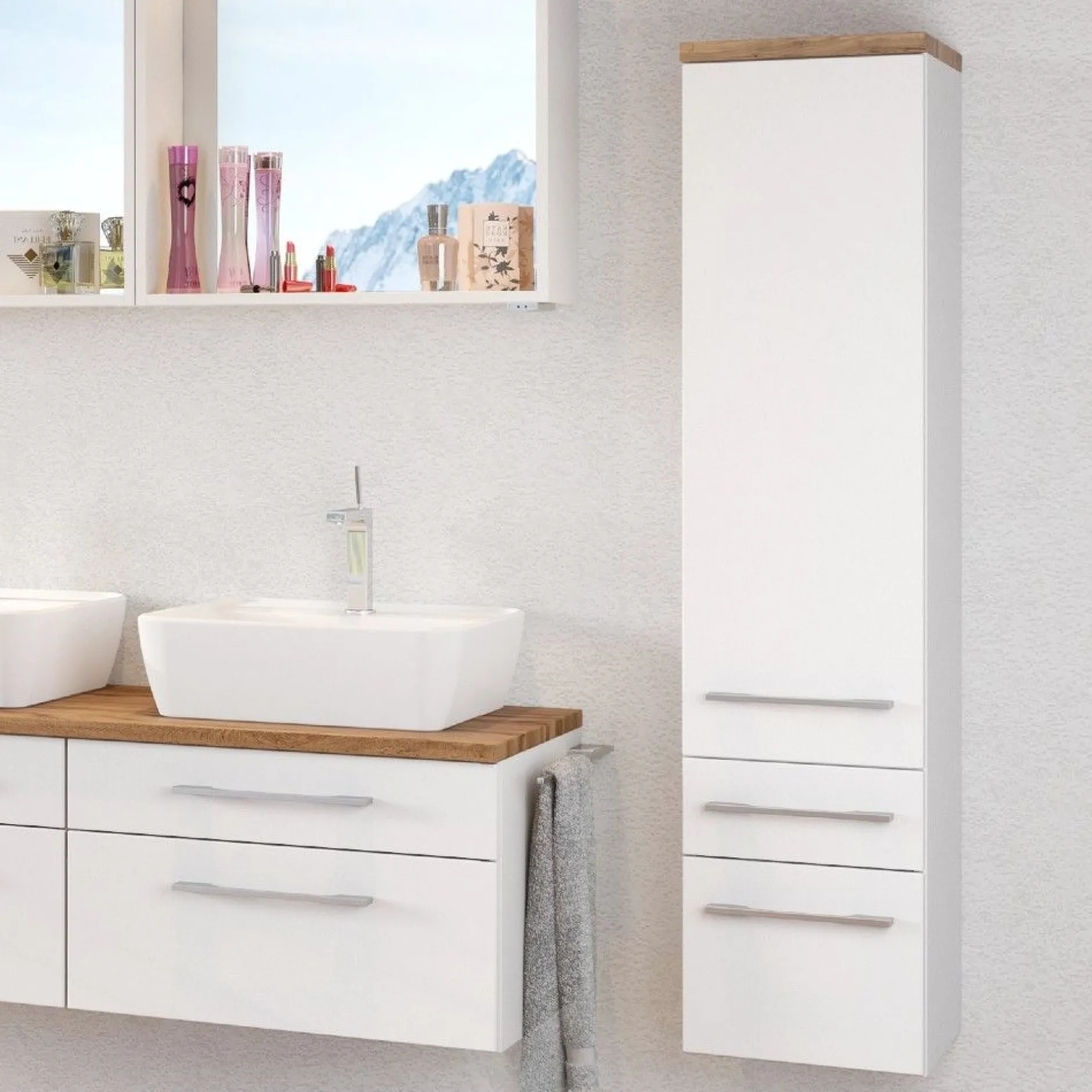 Säulenschrank Dasa 30cm mit 1 Tür und 2 Schubladen - weiß