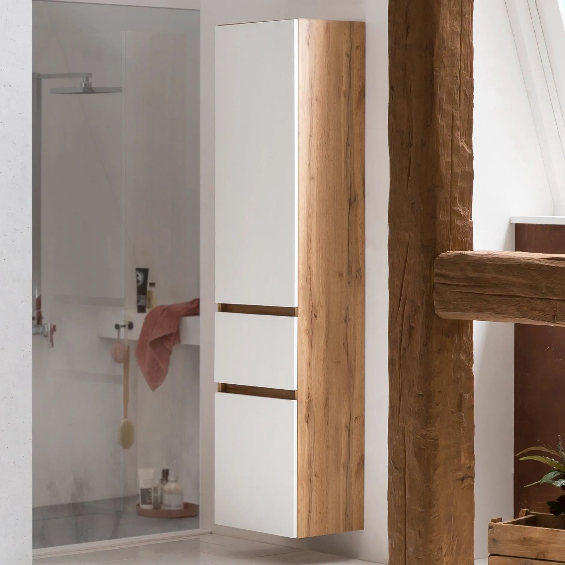 Säulenschrank Kornel/Luna 40cm 2 Türen und 1 Schublade - Eiche/mattweiß