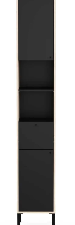 Säulenschrank Lagon - 39x33x201cm - 2 Türen und 1 Schublade - Schwarz/Eiche Dekor