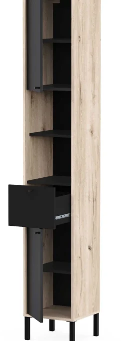 Säulenschrank Lagon - 39x33x201cm - 2 Türen und 1 Schublade - Schwarz/Eiche Dekor