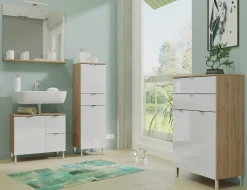 Säulenschrank Mauro mit 2 Türen und Schublade - Eiche/Weiß