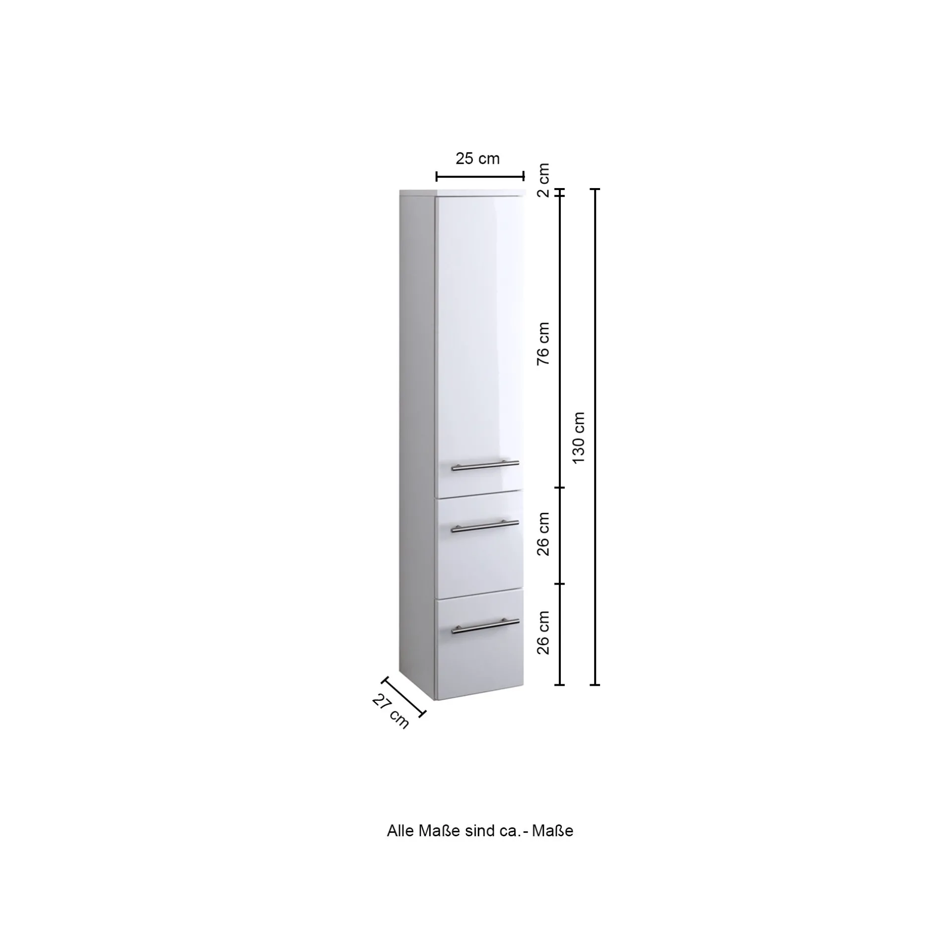 Säulenschrank Small 25cm 1 Tür und 2 Schubladen - hochglänzend weiß