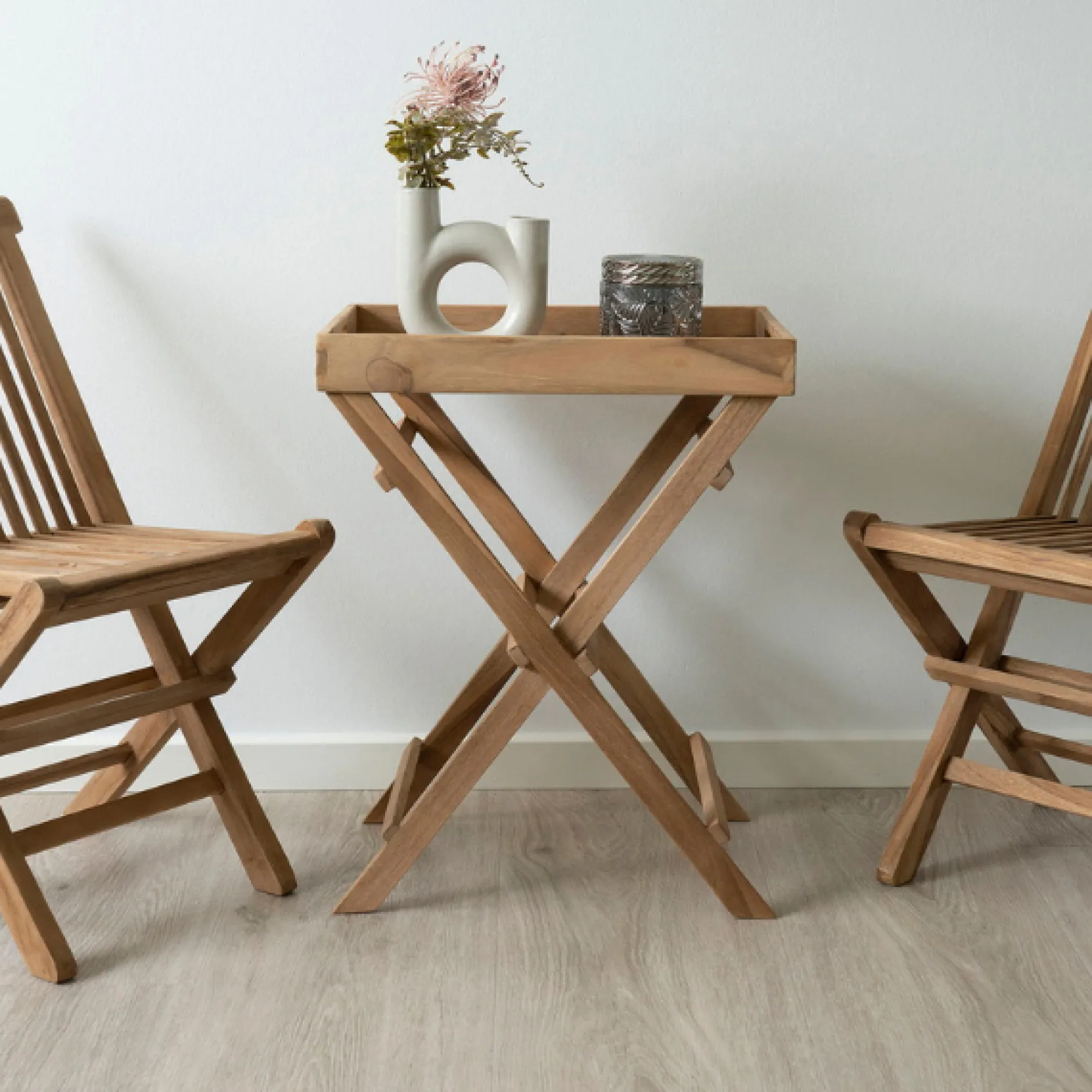 Teakholz Tablett Tisch - Naturholz Finish, 29x39x49,5 cm