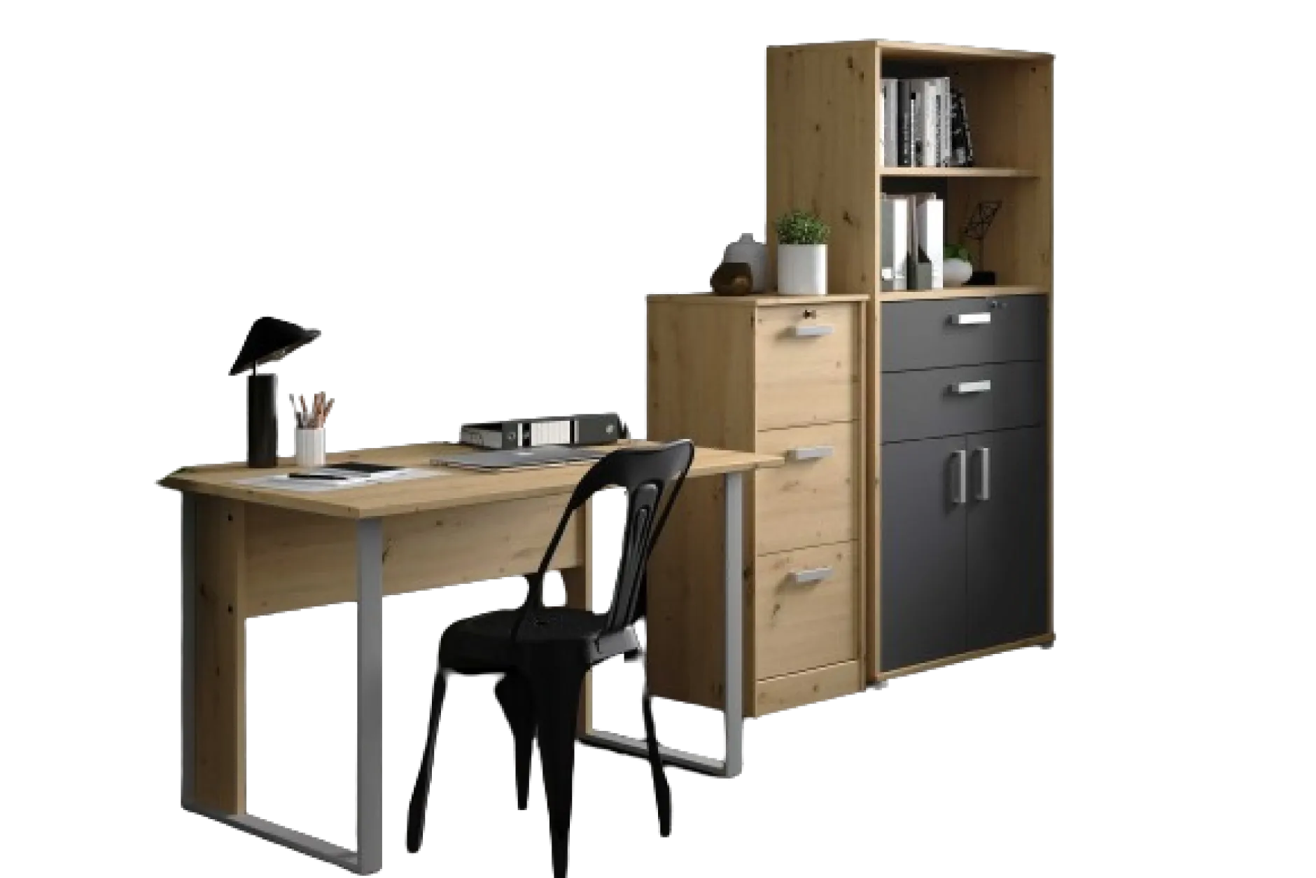 The OfficeBüro-Set : Schreibtisch 150cm, Aktenschrank, Bücherregal - Eiche Dekor
