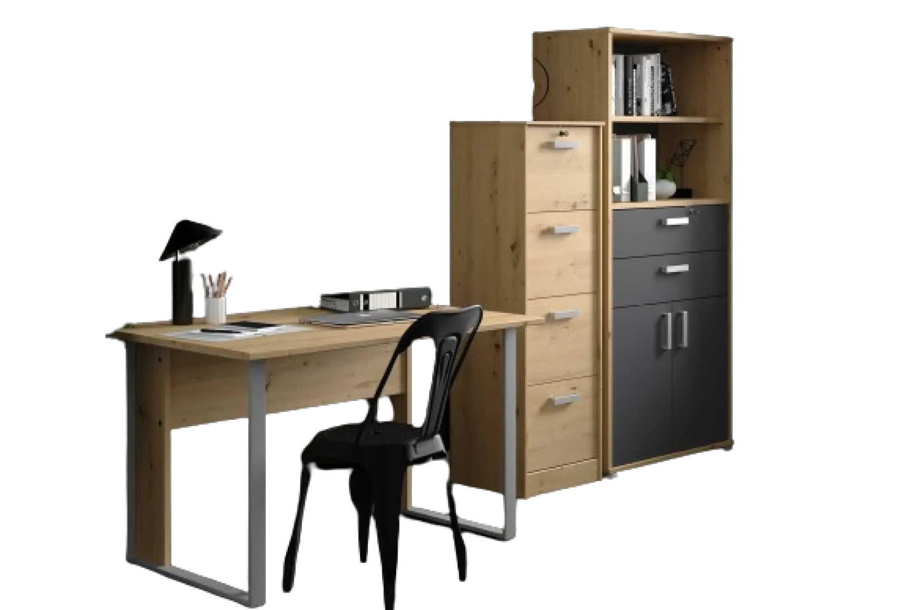 The OfficeBüro-Set : Schreibtisch 150cm, Aktenschrank, Bücherregal - Eiche Dekor
