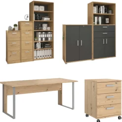 The OfficeBüro-Set : Schreibtisch 180cm, Schubladenschrank, Bücherregale, Aktenschränke - Eiche Dekor