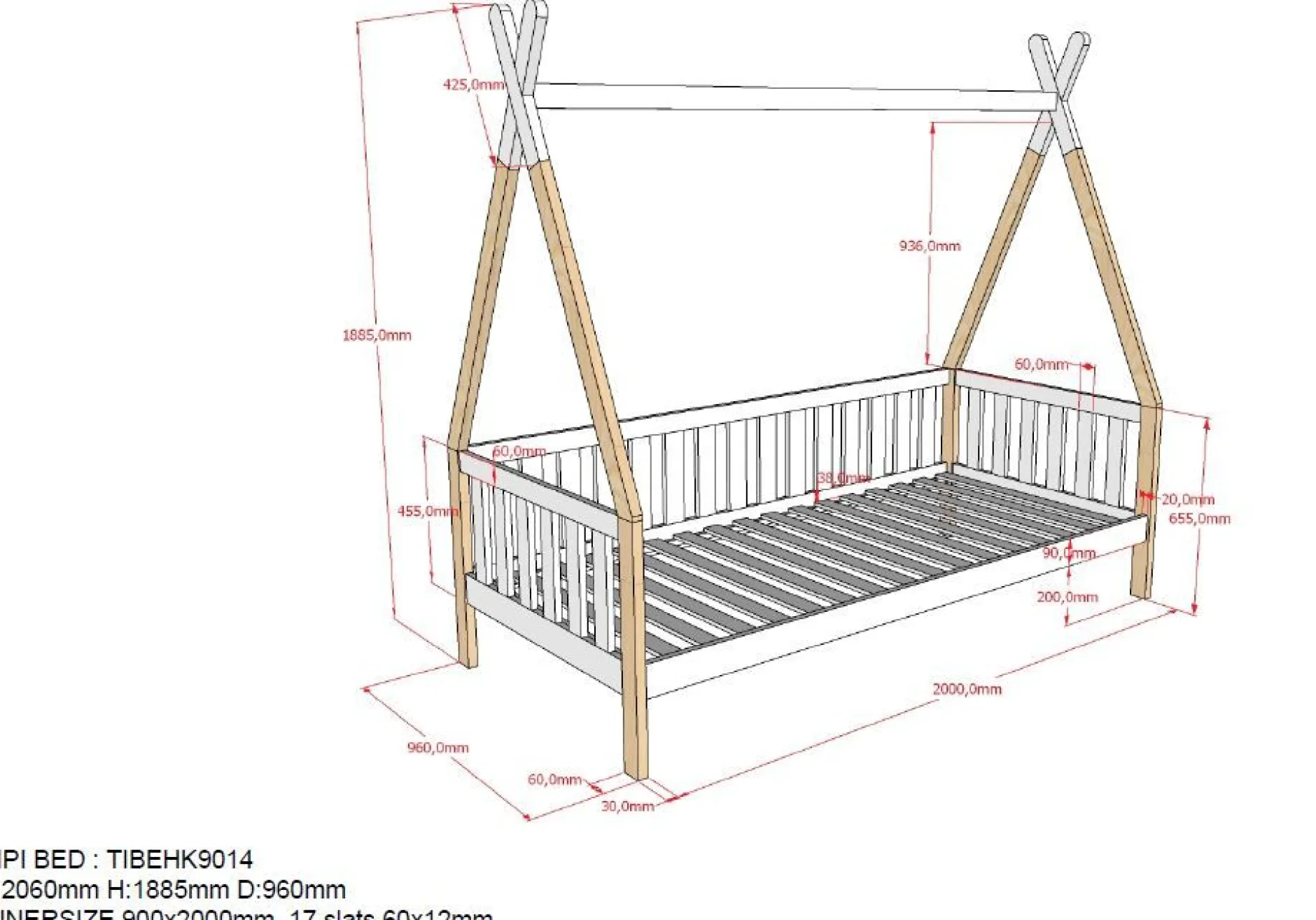 Tipi Bett 90 x 200cm mit Reling und Bettkasten Kiefer - weiß