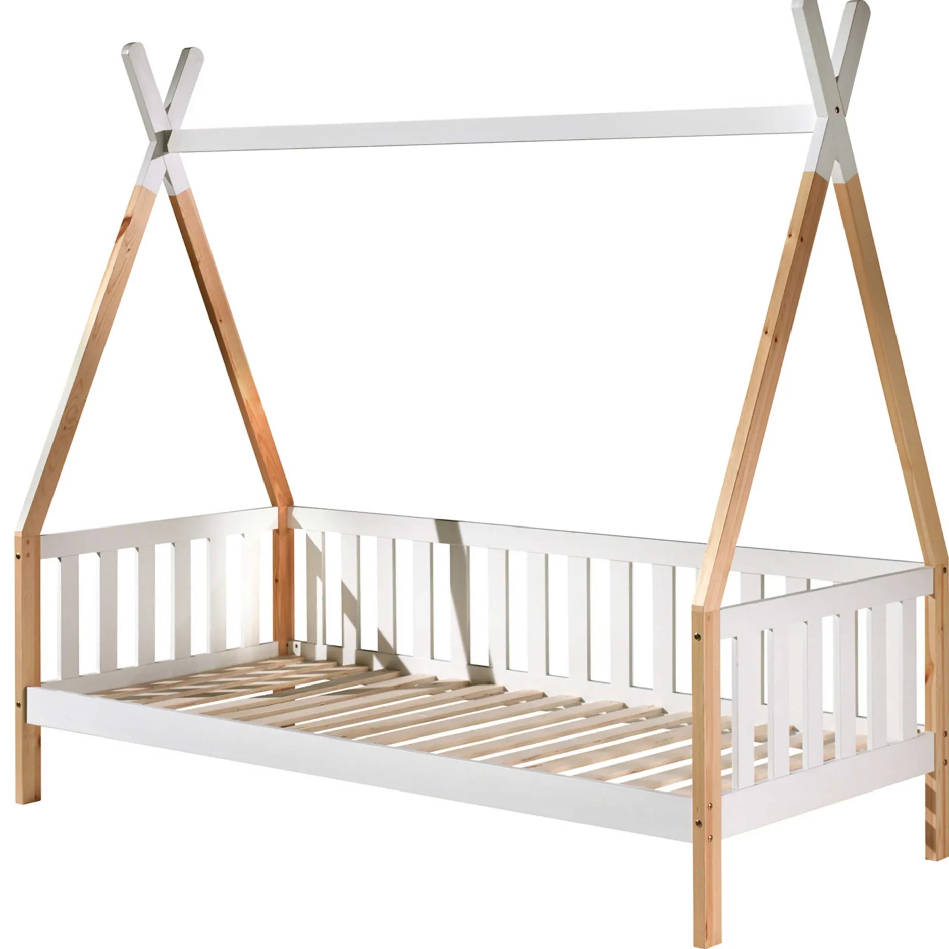 Tipi-Bett 90 x 200cm mit Reling und Bettkasten Massivholz - Kieferholz/weiß