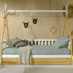 Tipi-Bett 90 x 200cm mit Reling und Bettkasten Massivholz - Kieferholz/weiß