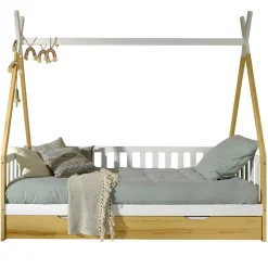Tipi-Bett 90 x 200cm mit Reling und Bettkasten Massivholz - Kieferholz/weiß