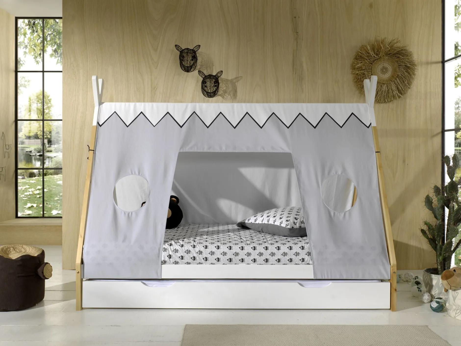 Tipi-Bett 90 x 200cm mit Schlafzelt und Bettkasten - weiß