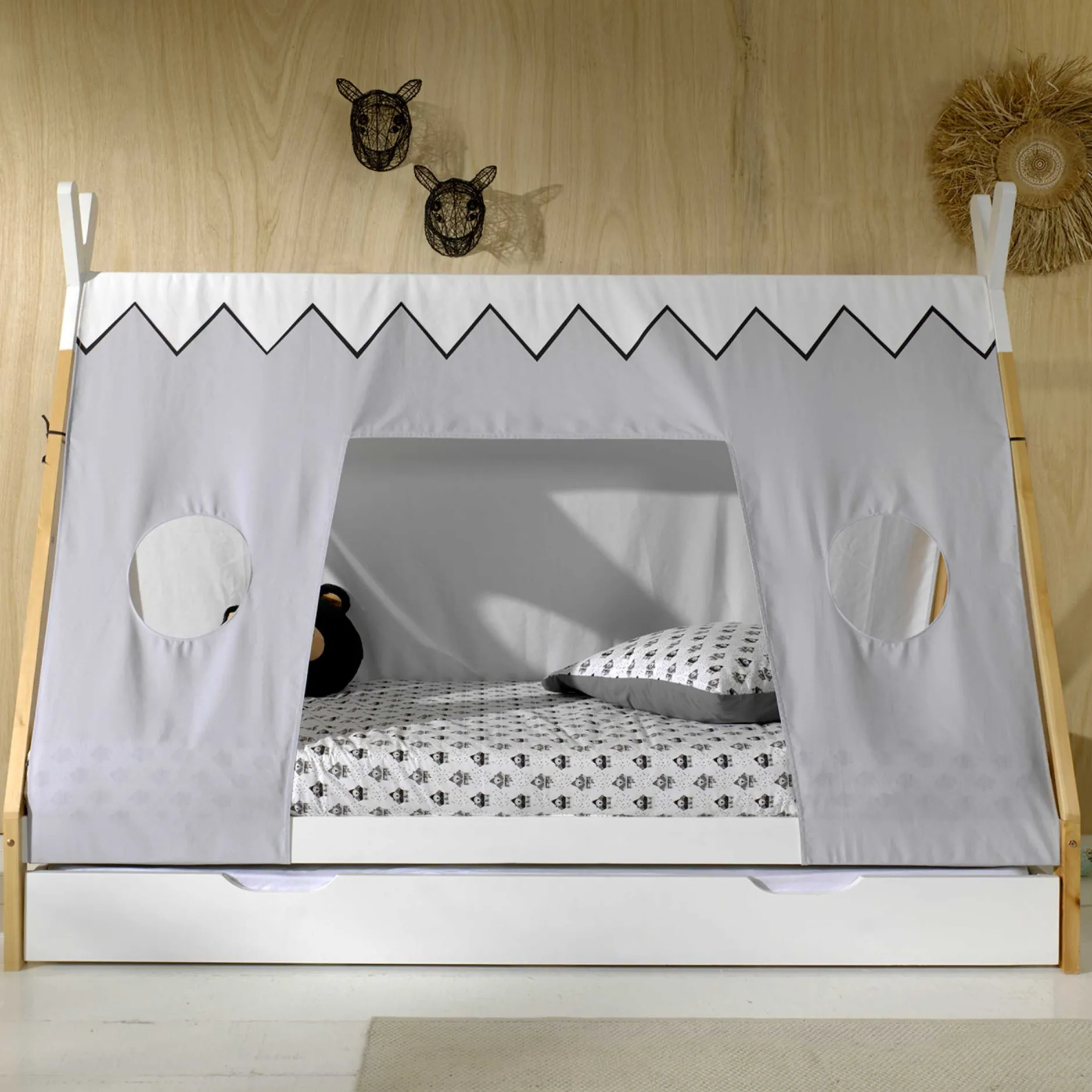 Tipi-Bett 90 x 200cm mit Schlafzelt und Bettkasten - weiß