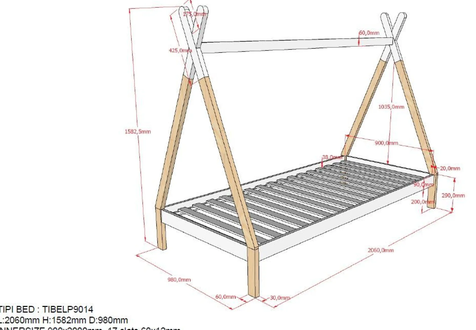 Tipi-Bett 90 x 200cm mit Schlafzelt und Bettkasten - weiß