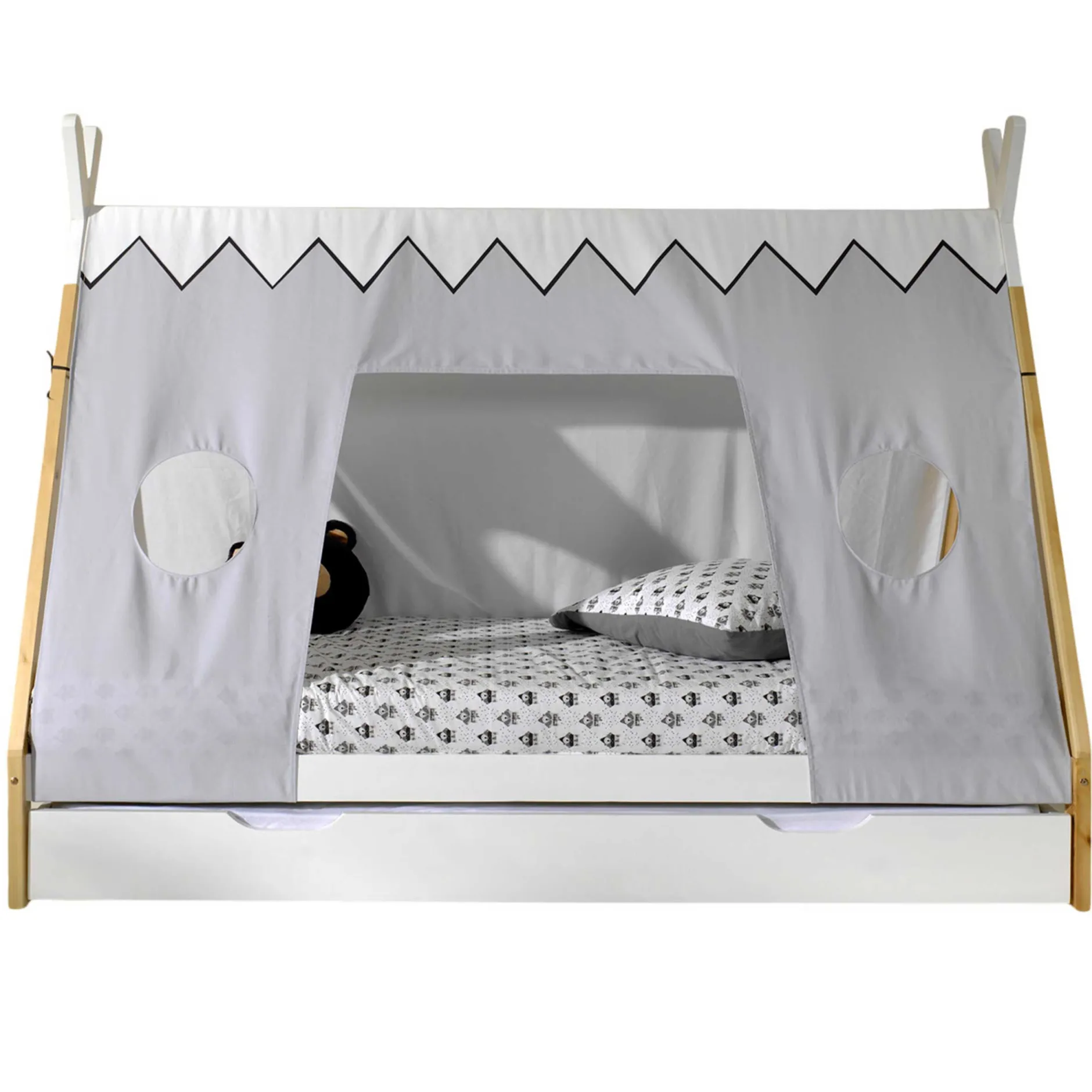 Tipi-Bett 90 x 200cm mit Schlafzelt und Bettkasten - weiß