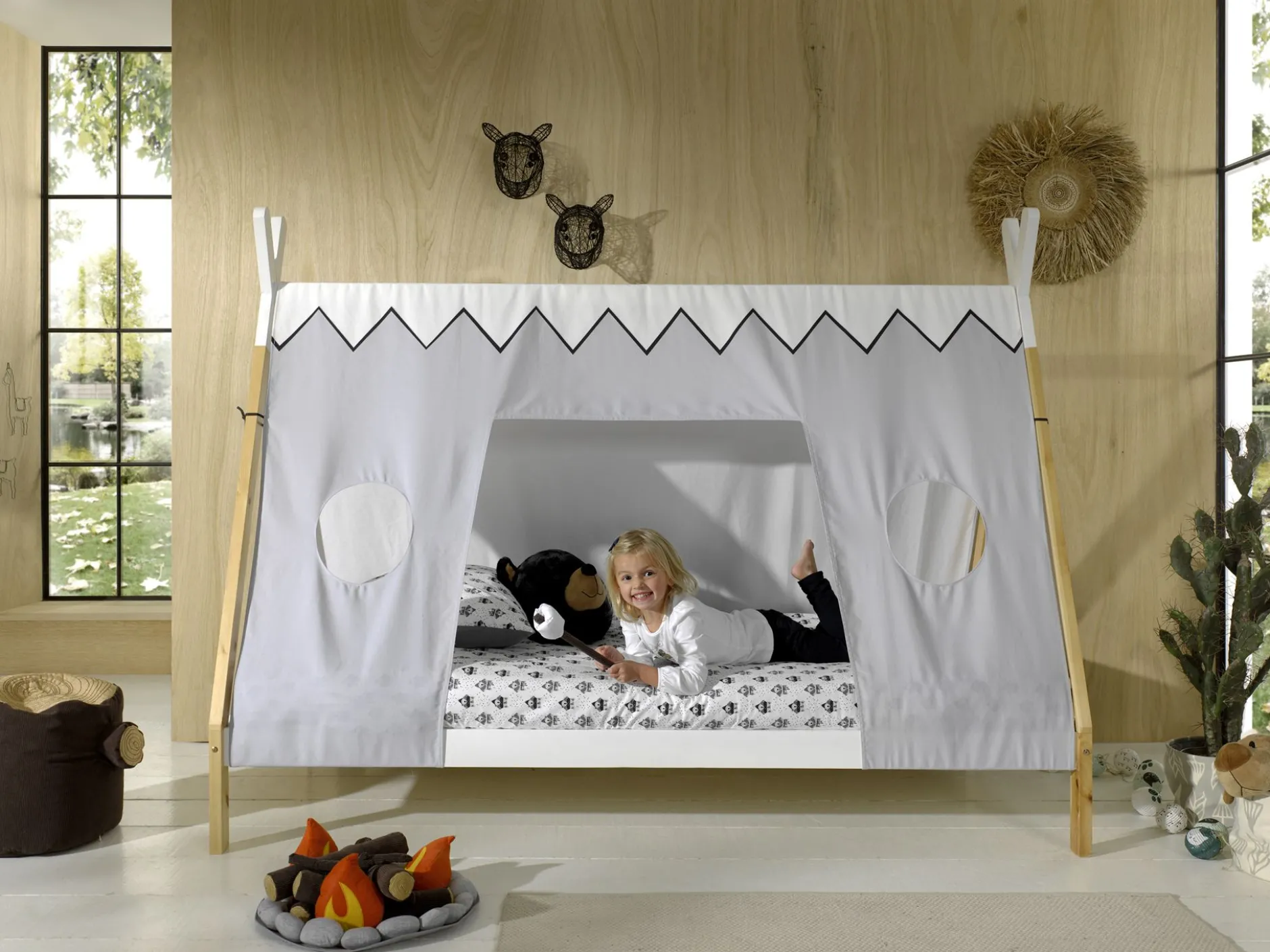 Tipi-Bett 90 x 200 hoch mit Schlafzelt - weiß/kieferholz