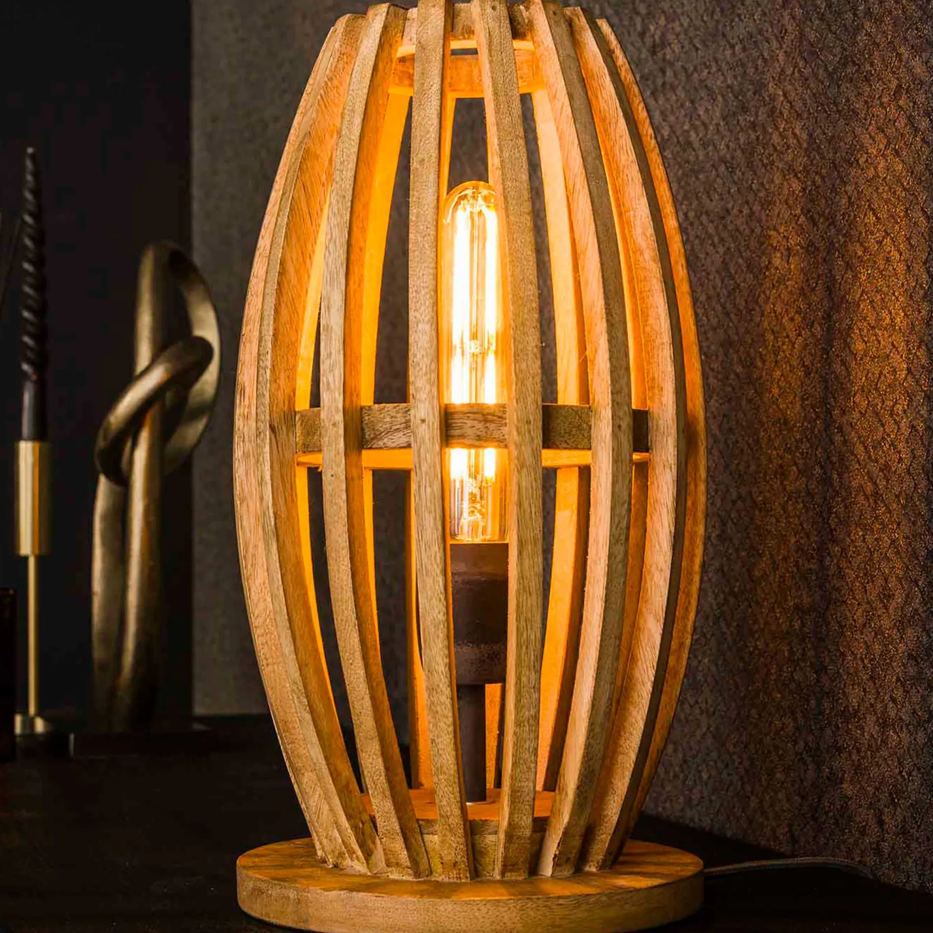 Tischlampe Vivian - 20x20x38 cm - Mangoholz/Beige