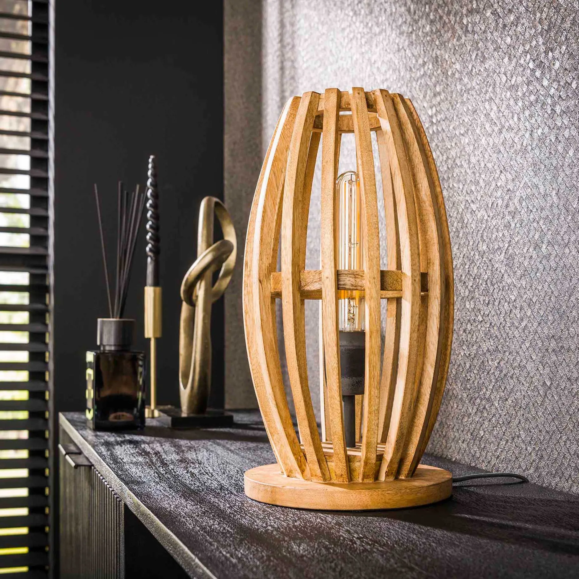 Tischlampe Vivian - 20x20x38 cm - Mangoholz/Beige