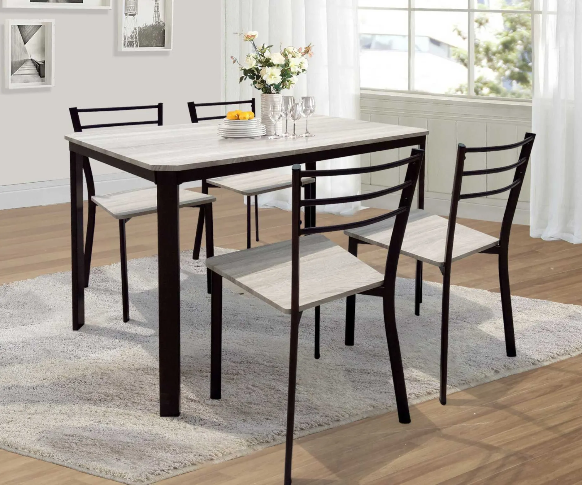 Tischset Lily, 4 Stühle - beige/schwarz
