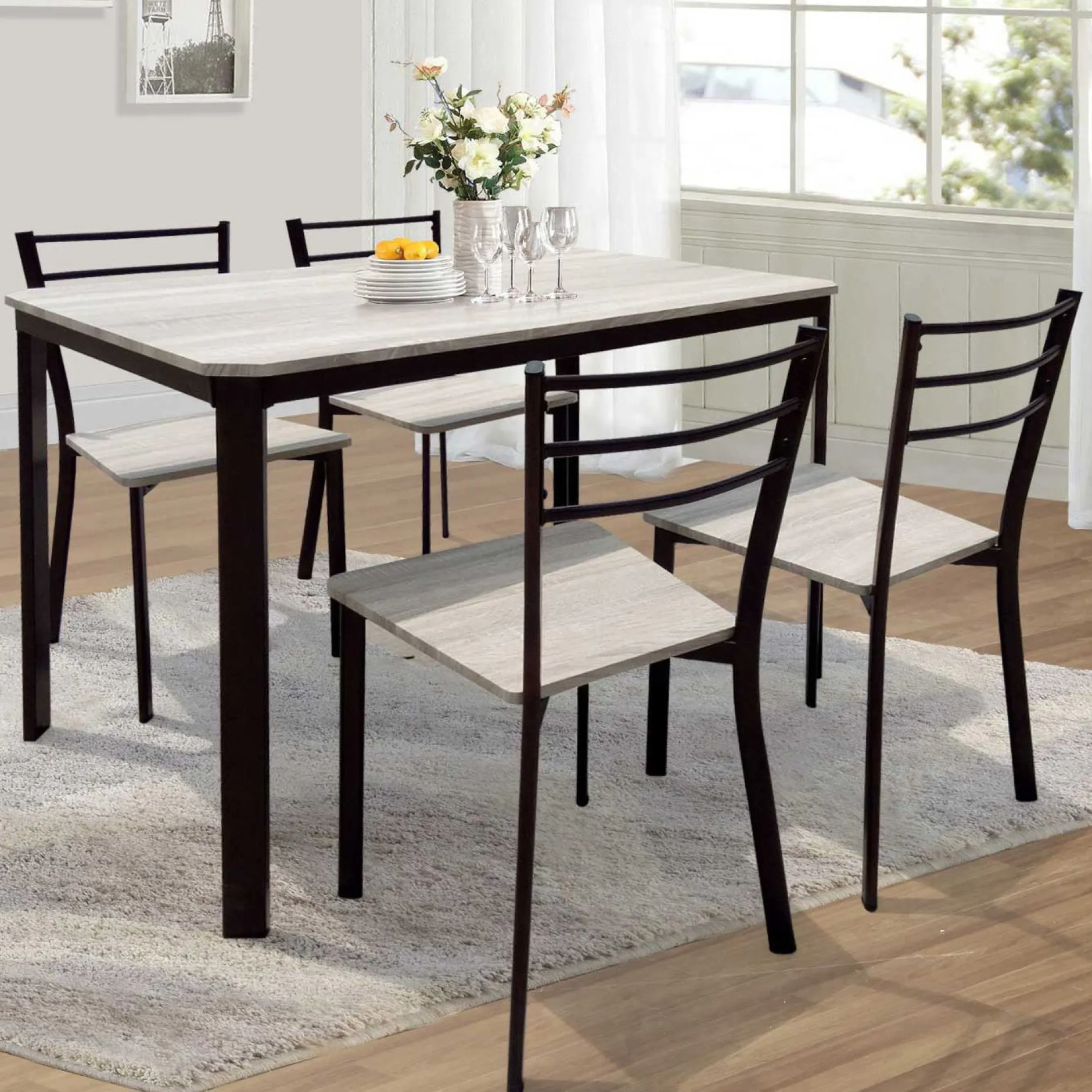 Tischset Lily, 4 Stühle - beige/schwarz