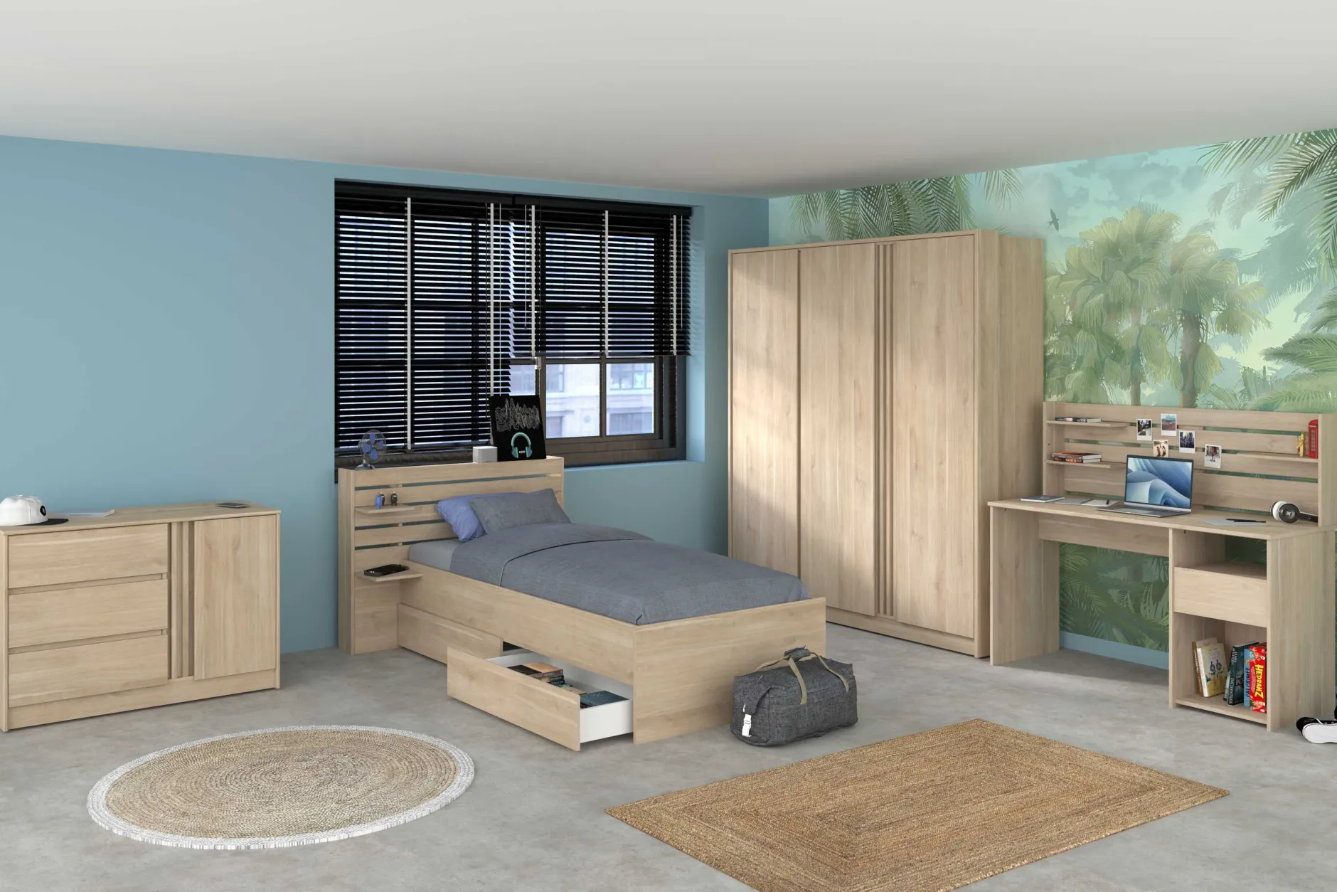 TokioKinderzimmer : Bett 90x200 mit Schubladen, Kleiderschrank, Kommode, Schreibtisch