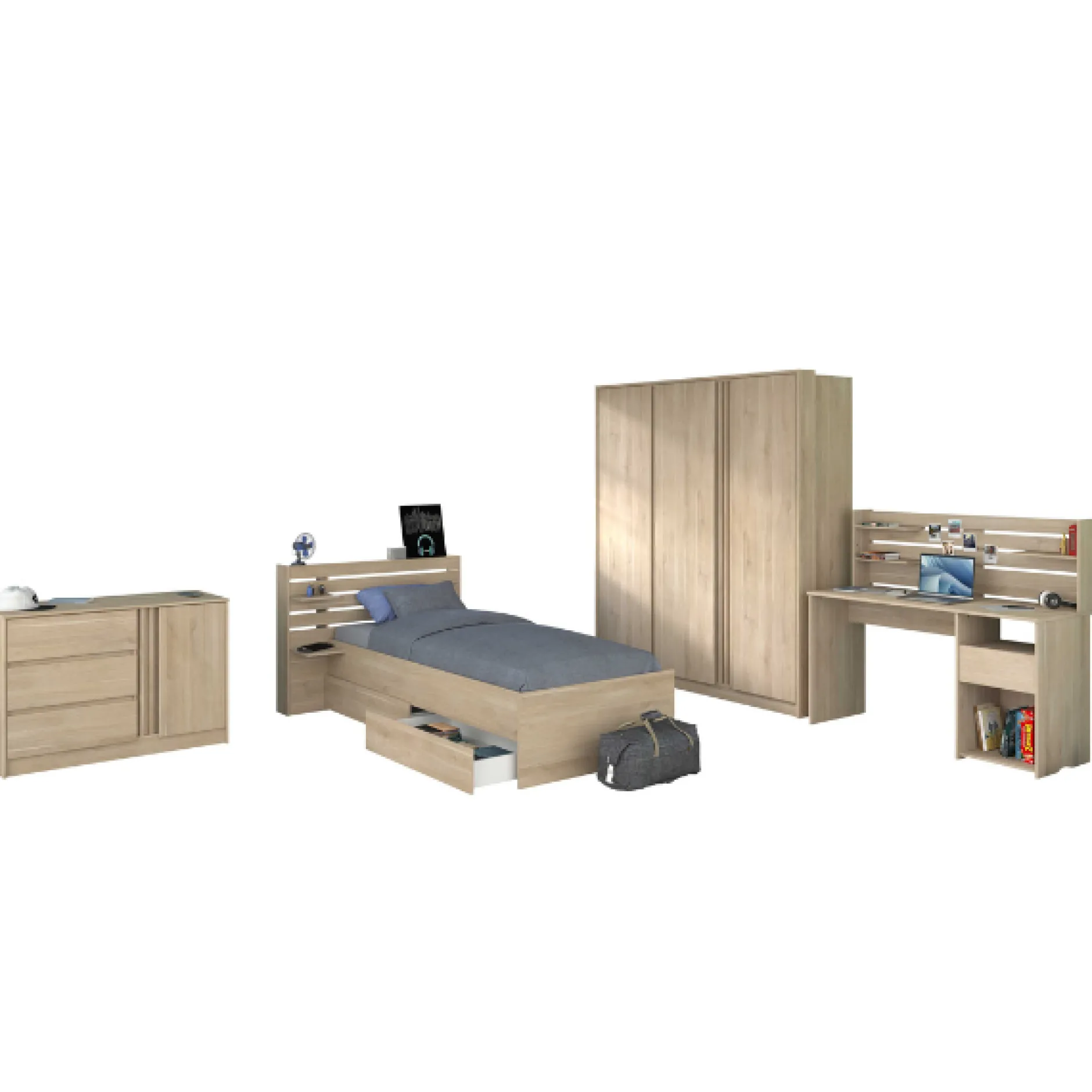TokioKinderzimmer : Bett 90x200 mit Schubladen, Kleiderschrank, Kommode, Schreibtisch