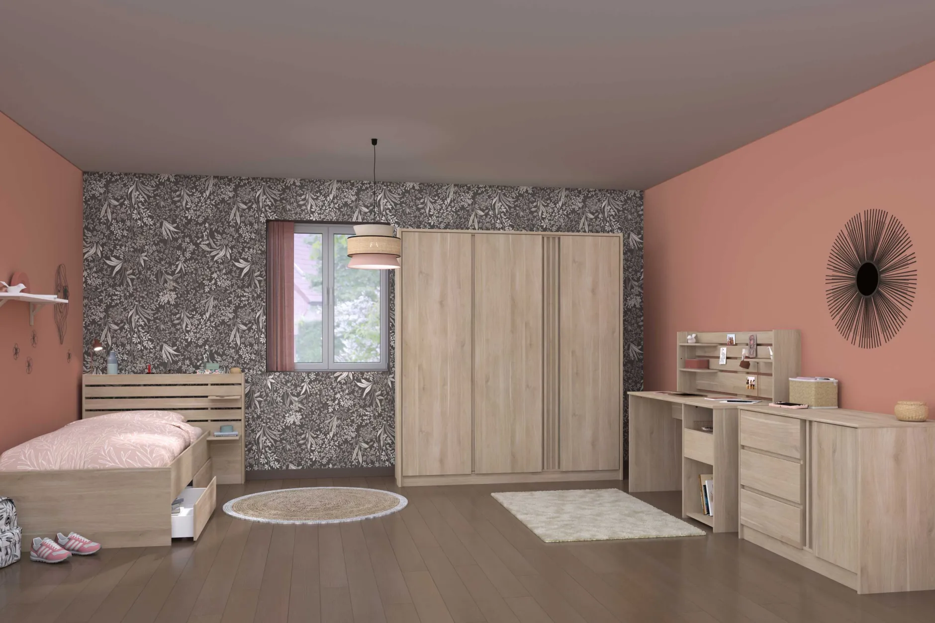 TokioKinderzimmer : Bett 90x200 mit Schubladen, Kleiderschrank, Kommode, Schreibtisch