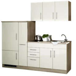 Toronto Creme Hochglanz Küchen-Set: Oberschränke, Spülenunterbau, Auszüge, Kühlschrank, Kochfeld - 30/148 Speisekammer