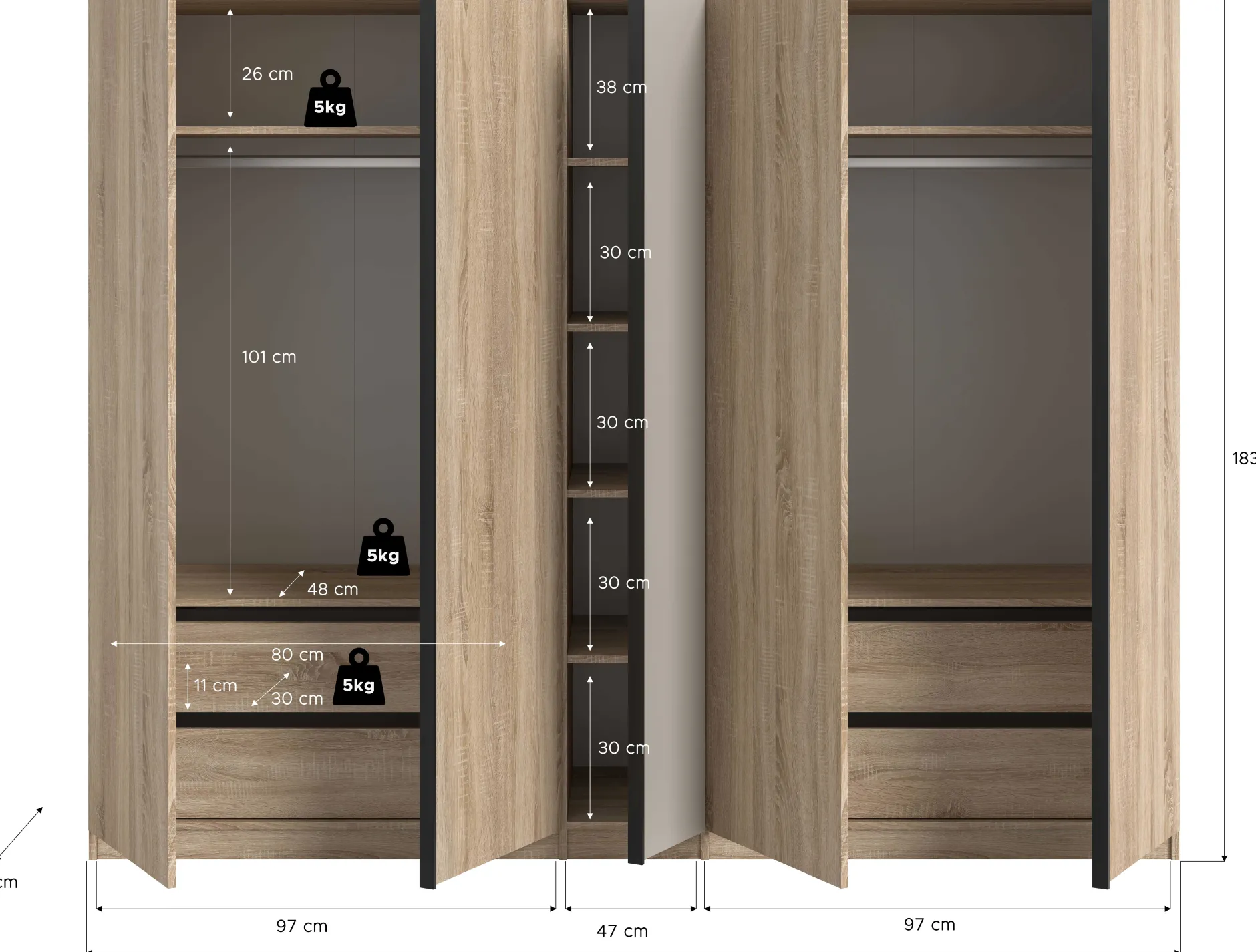 5-türiger Kleiderschrank Oakland Xonox Sonoma Eiche 230x183x53 cm