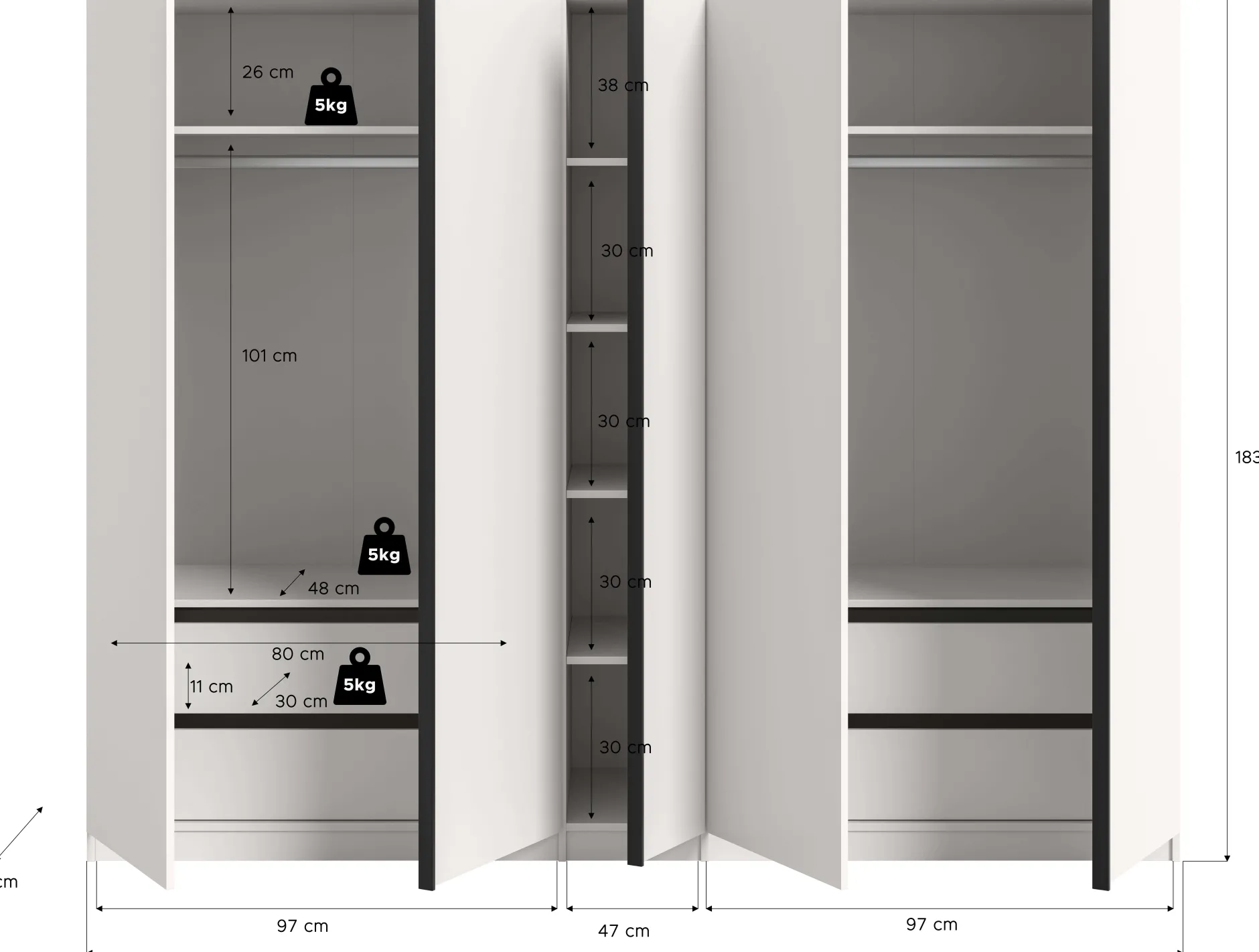 5-Türiger Kleiderschrank Oakland Xonox - Weiß - 230x183x53 cm