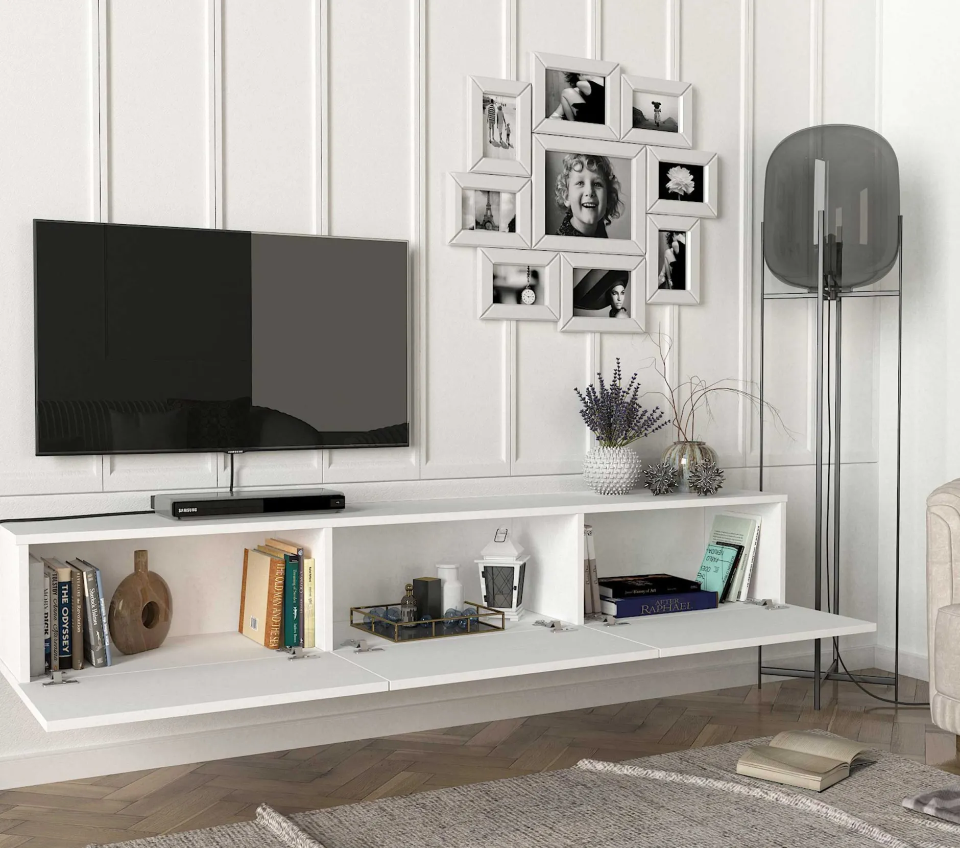 TV-Schrank Damla - 180x30x30cm - 3 Türen - weiß