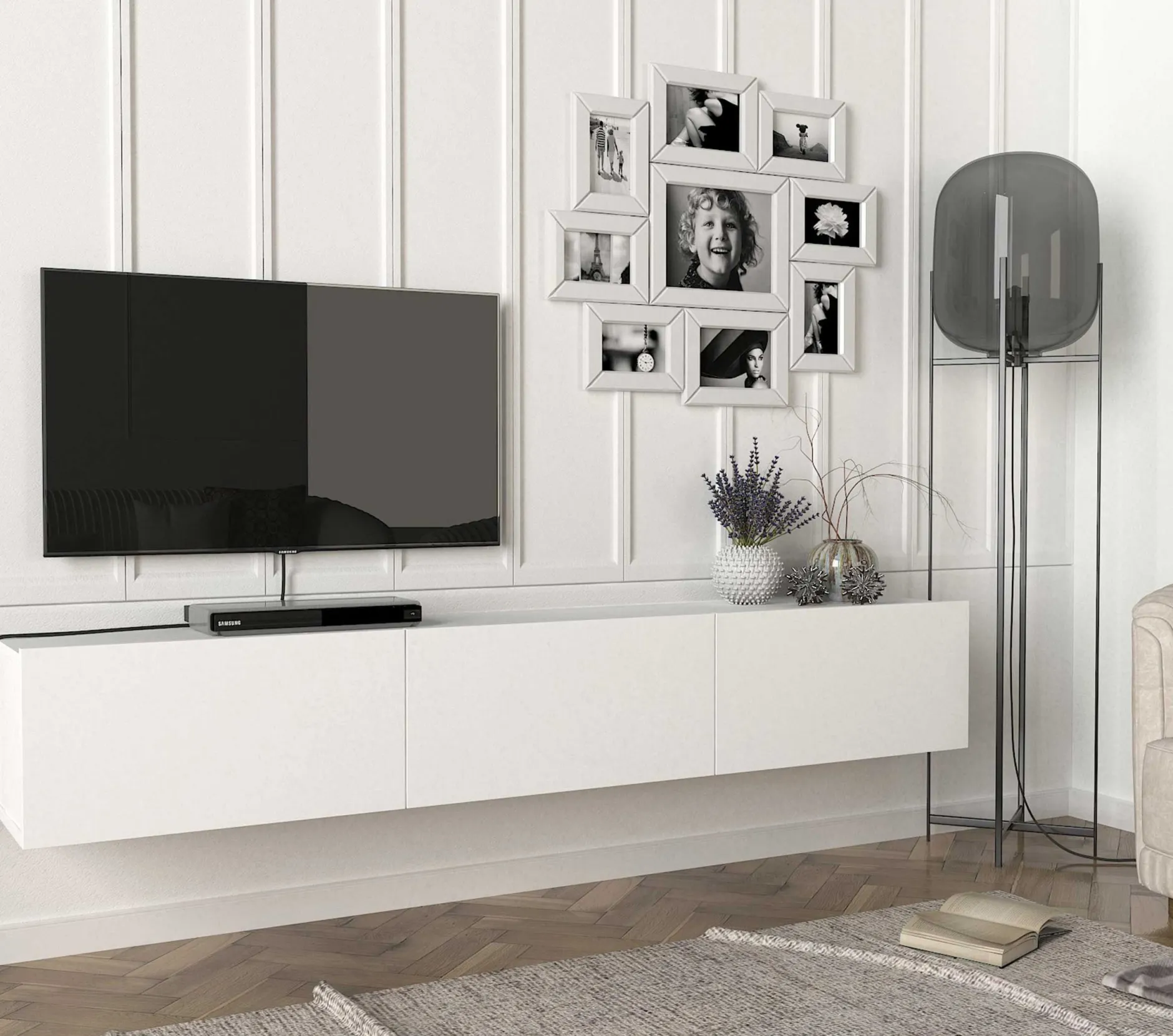 TV-Schrank Damla - 180x30x30cm - 3 Türen - weiß